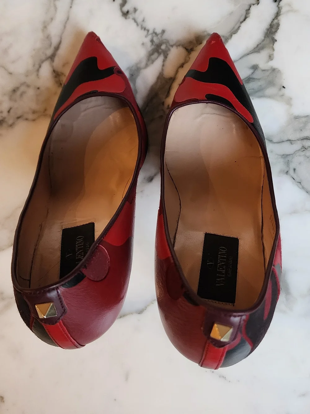 Valentino Rockstud Red & Black Camoflauge Leather Pumps Size 37.5